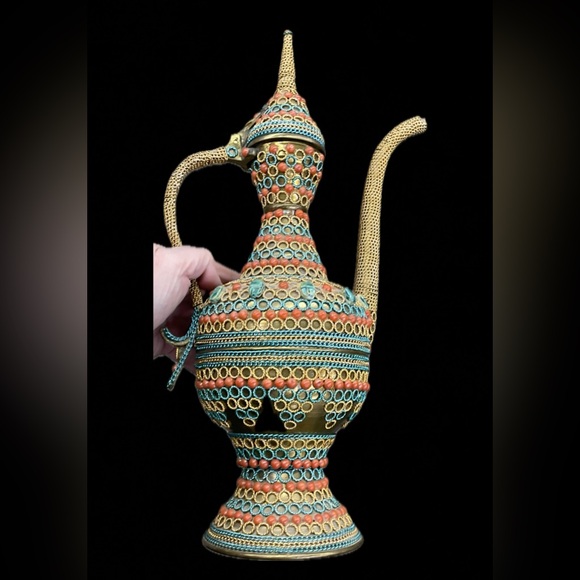 Vintage Ornate Brass 16”‎ Vessel with Scarab Faux Coral Wrapped Gold Tone Chain - Picture 1 of 9